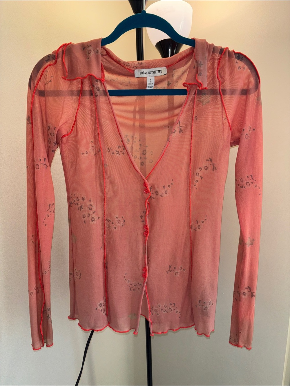 Urban Outfitters Coral Sheer Mesh Button-Front Top